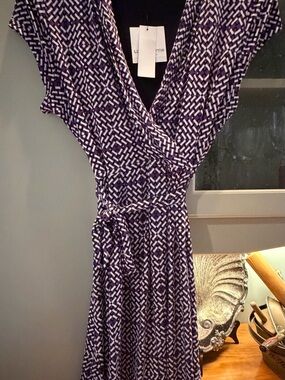 Liz Claiborne Purple, Black & White Geometric Faux Wrap Midi Dress